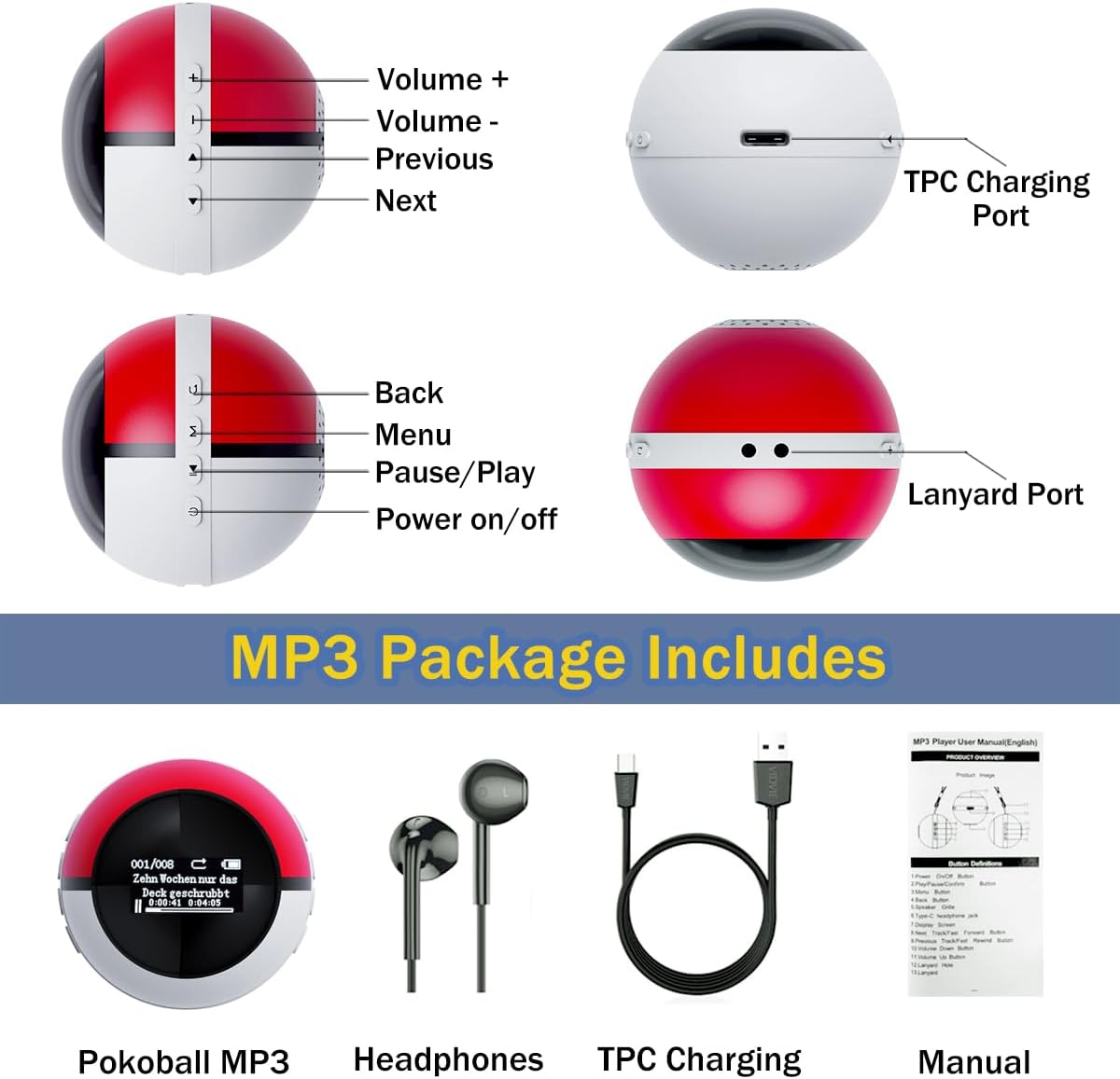 64GB MP3 Player for Kids,MP3 Player with Bluetooth 5.0, Mini Monster Ball Music Player, Supports Speaker, FM Radio, Recording, and Pedometer Functions, Comes with Headphones and Lanyard