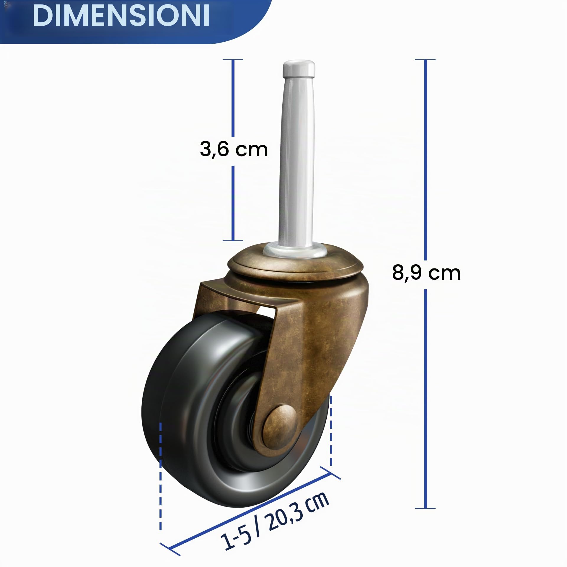 Rotelle in ottone anticato con ruote in gomma da 3,5 cm, ricambio per sedie, divani, cassettiere, mobili vintage per pavimenti in legno, set da 4