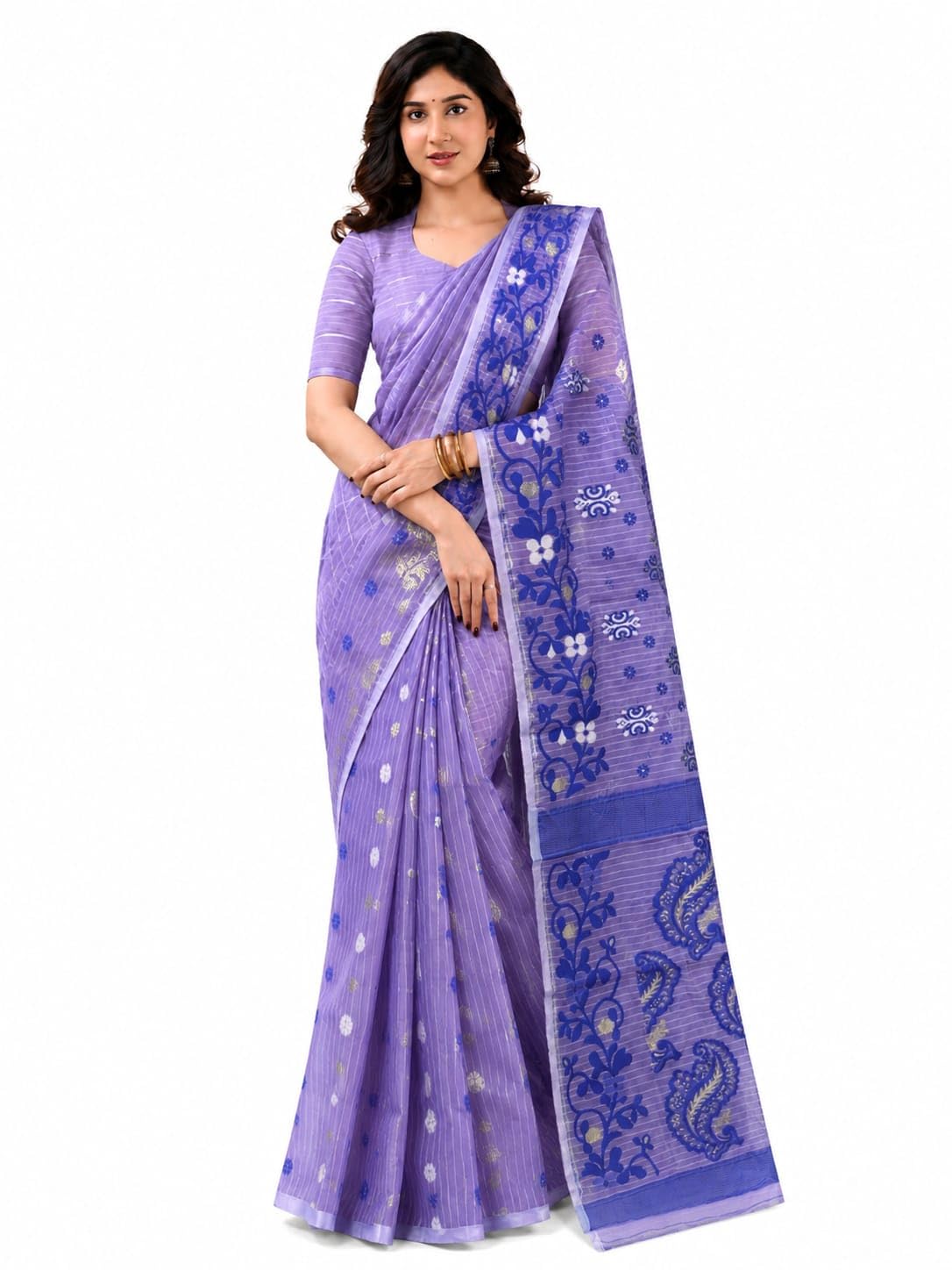 Pure Cotton Checked Jamdani Saree for Women Bengali Tant Style Handloom Saree with Elegant Woven Work-picture-39