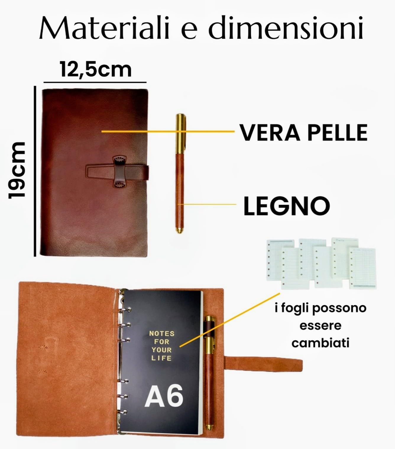 EMB Originals Diario/Agenda in vera pelle con penna in legno personalizzata (logo/disegno/testo), Regalo/ringraziamento per insegnanti, mamma, papà, colleghi, aziende, clienti... Made in Italy
