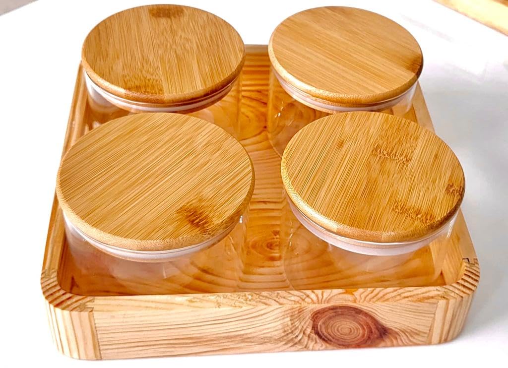 Winning Star 4 Pcs Round Clear High Borosilicate Glass Airtight Dryfruit Jar Set With Pinewood Tray, Serving Tray Set (450 Ml), Blue-Violet (B0CFLY7YW5) Amazon Price History, Amazon Price Tracker