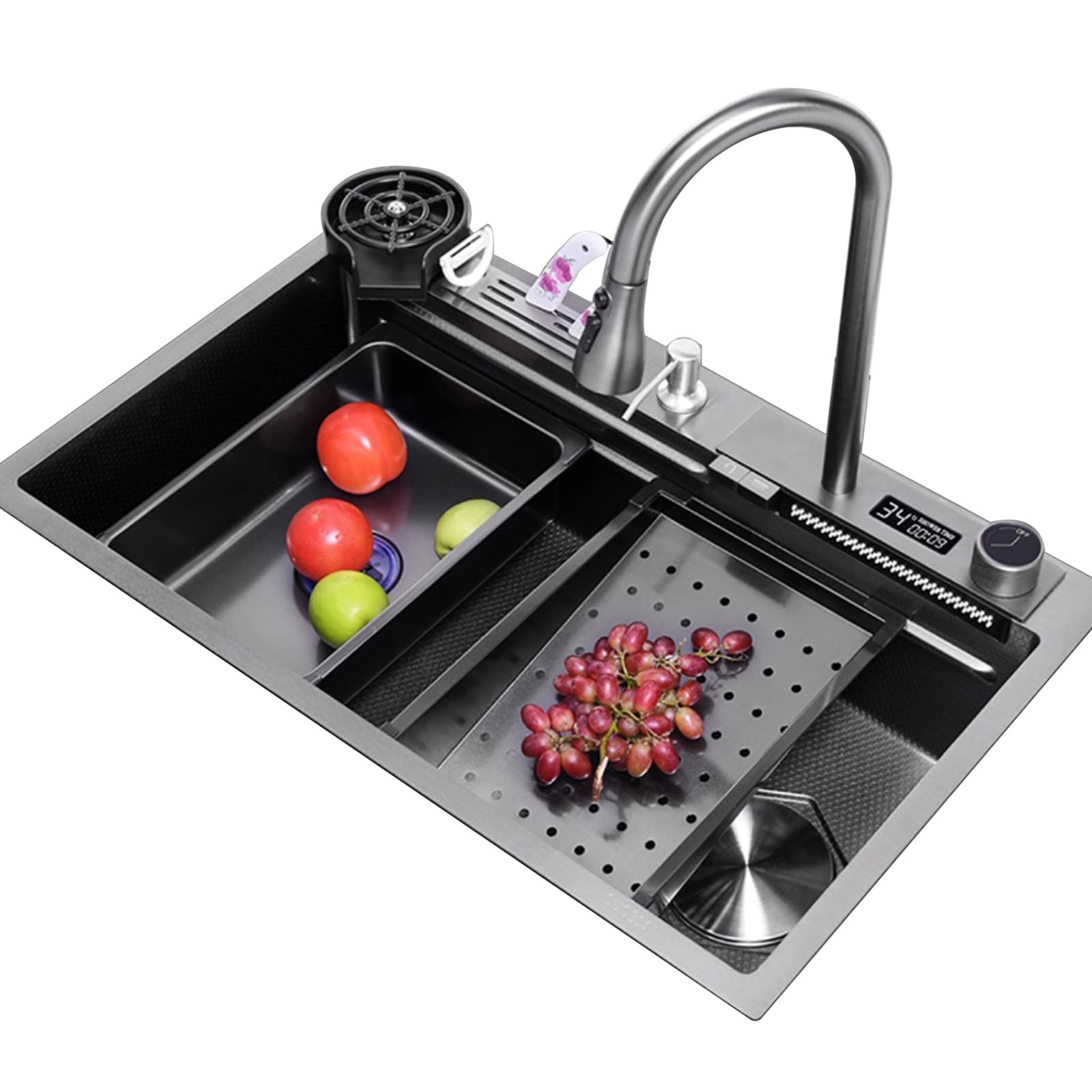 ZQFHSX Stainless Steel Sink With Waterfall Faucet Kitchen Large Single Bowl Gun Black Glass Washer Complete Accessories (Size : 75x45cm)