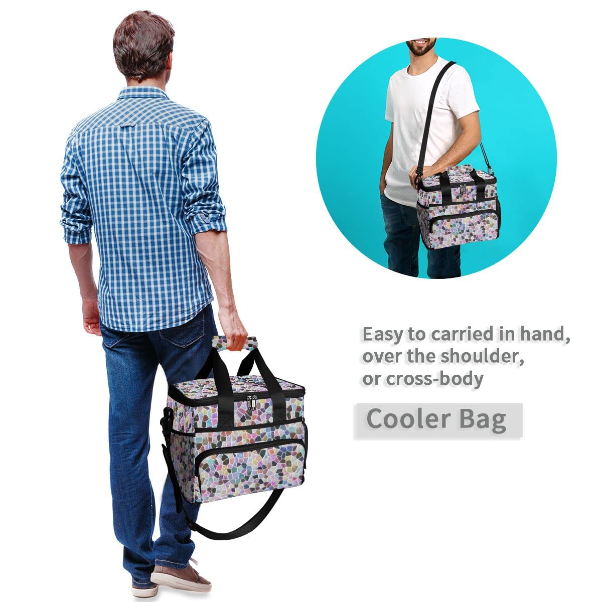 Bolsa de picnic de 15 L, 24 latas, bolsa de almuerzo aislada con mármol, bolsas para viajes, camping, barbacoa, actividades al aire libre, asas, correa para el hombro
