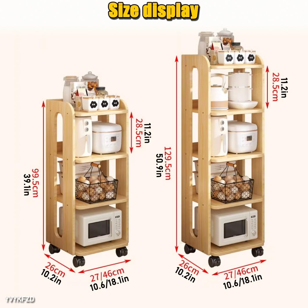 YVYKFZD Carrito de Almacenamiento Estrecho De Pie, Carro de Cocina Delgado De Madera, Carrito Auxiliar con Ruedas, Carro de Almacenamiento Organizador Independiente(Wood,4 Tier 18.1"x10.2"x39.1")