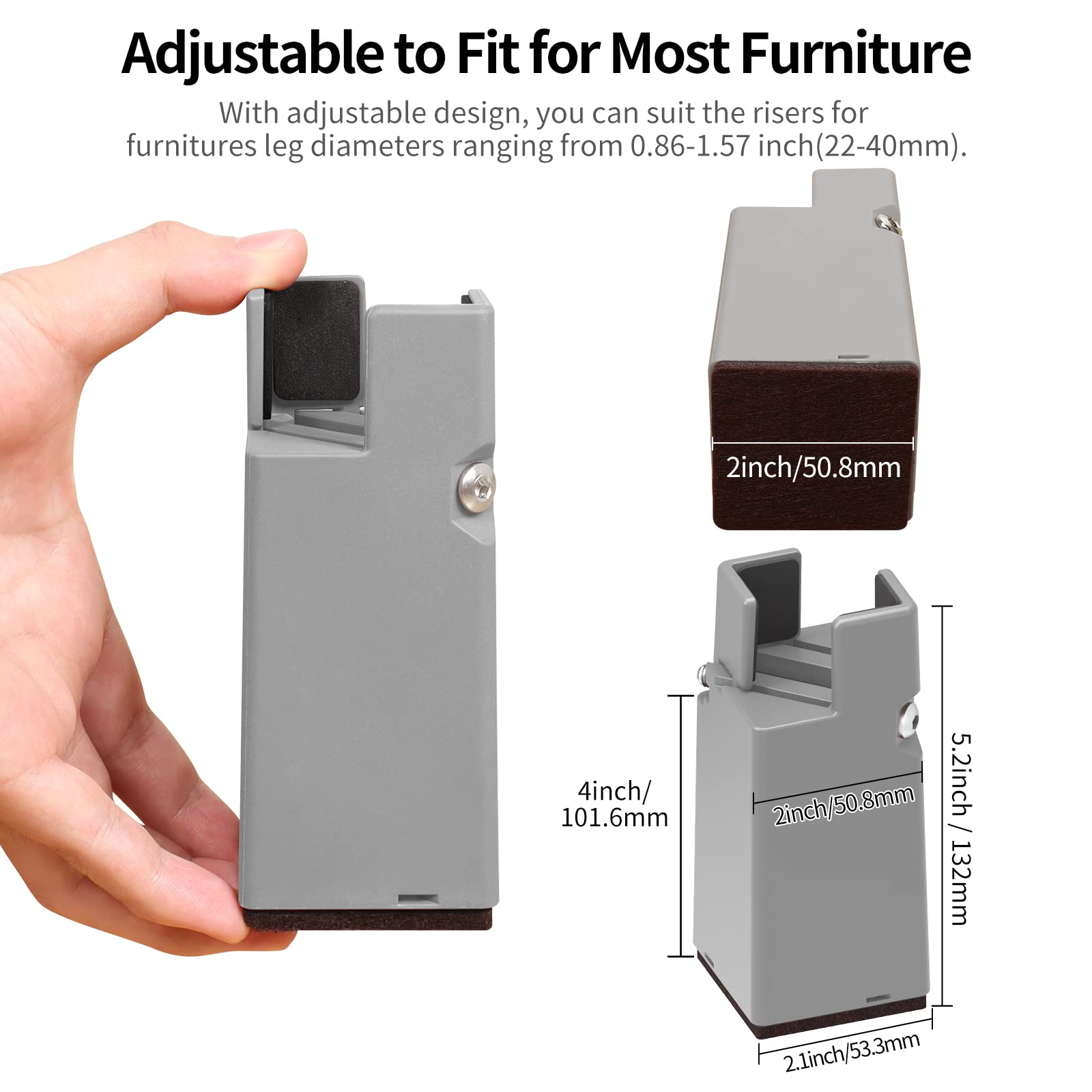 RCHYFEED Elevadores de Cama Ajustable para Muebles de 10cm con Abrazadera de Tornillo, 4 unidades 4'' Elevador Cama para Patas de Mesa Sofá Armarios Cuadradas y Redondas de 0,8 a 1,6 pulgadas de Ancho
