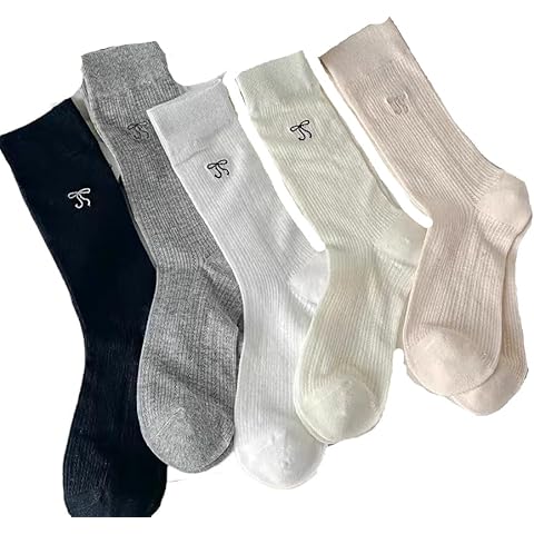 5 Pairs Women Cute Bow Thin Cotton Knit Crew Socks Fashion Mid-Calf Socks with Embroidered Bow (5-pairs) Cover