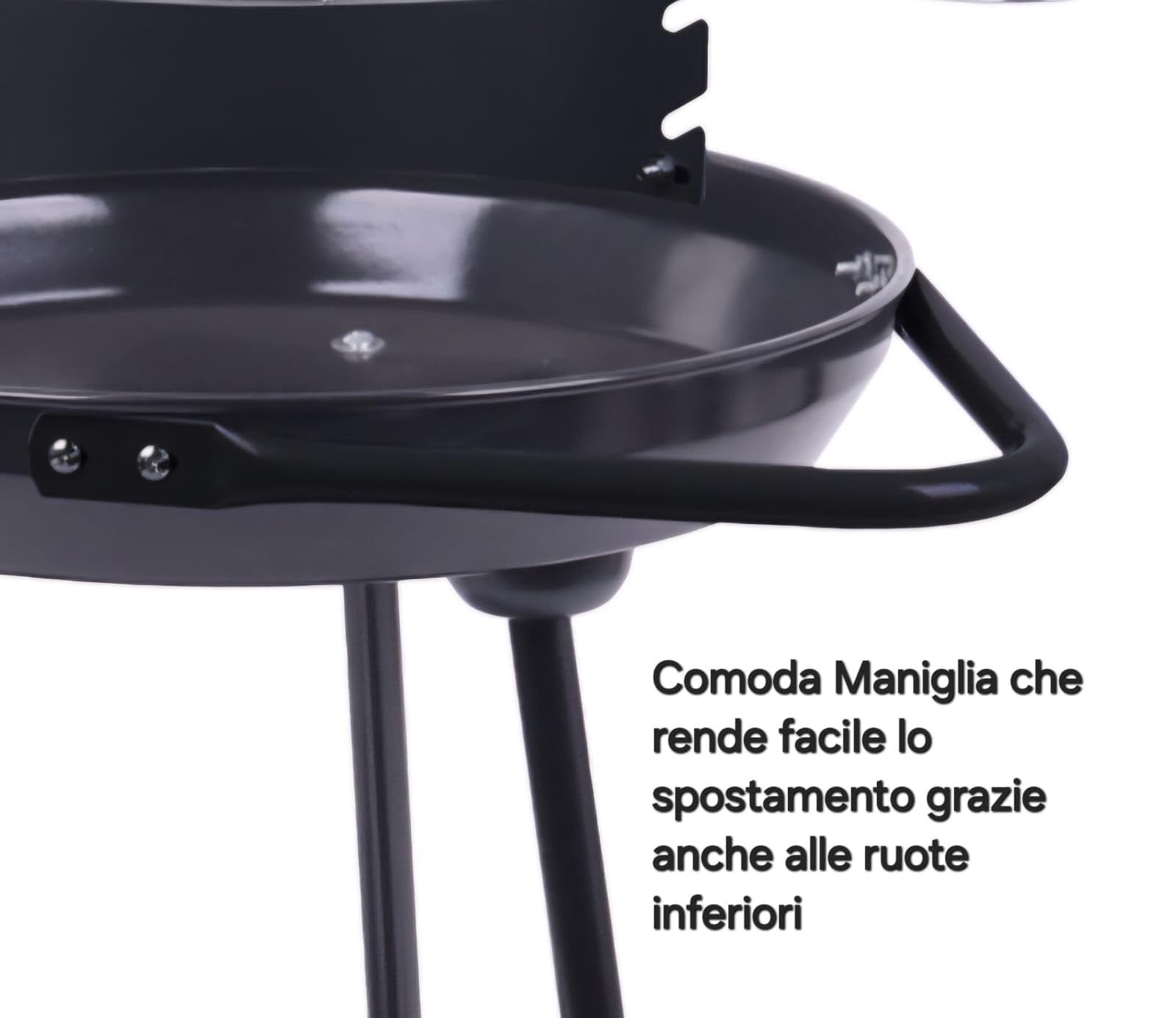 Barbecue Rotondo BBQ con Ruote Empotec da Esterno Griglia Cromata 42 x 77cm Regolabile 3 altezze Maniglia Grande Piano Inferiore 3 Gambe Ripiano D'Appoggio Cottura Grill Paravento Alto 15cm