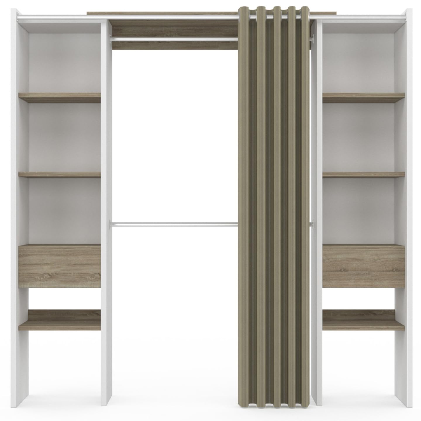 IDMarket - Dressing extensible double MERYL 120/180 x 50 x 180 cm blanc avec étagères hêtre + double penderie + rideau taupe