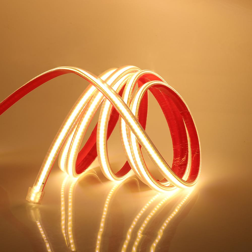 GQL Flexible COB LED Strip with Power Cord, Self-Adhesive Tape, 288 LEDs/m, IP65 Waterproof Rope Light for Indoor Outside Commercial Decor (20m, Warm White)