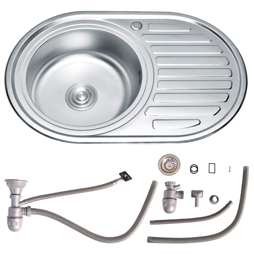 Melko Spülbecken Edelstahlspüle Rundbecken Einbauspüle 77x50 cm mit Siphon | inkl. Ablaufgarnitur, Ablage links, Anti-Kondensbeschichtung, rostfrei und pflegeleicht, hygienisch, für moderne Küchen