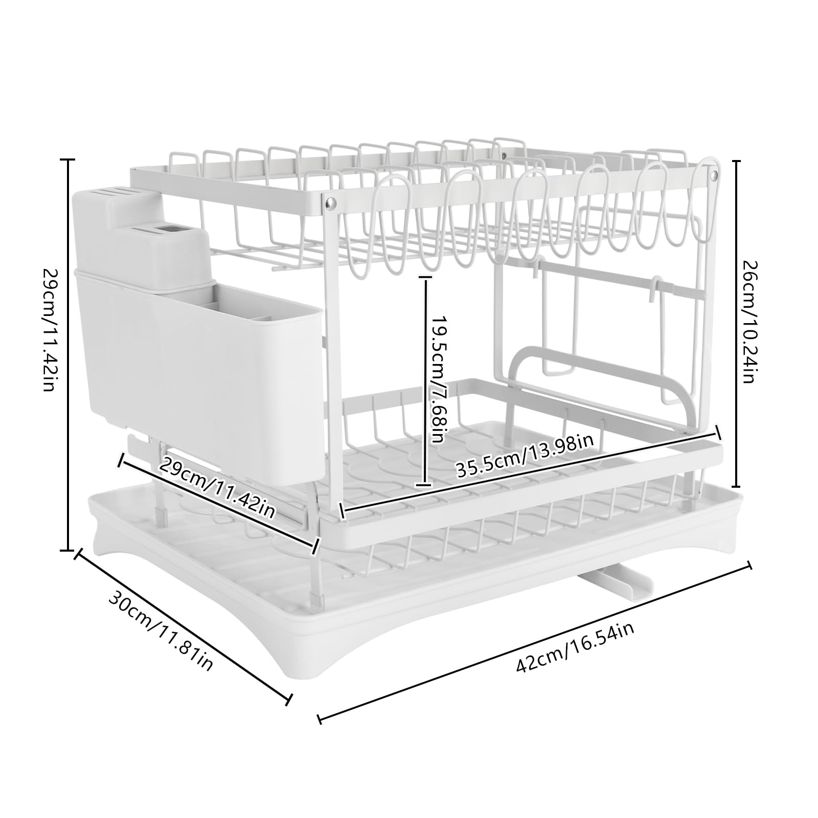 Escurreplatos de acero inoxidable, escurridor de platos, bandeja de goteo de 2 niveles, escurridor de platos para platos, tazas, tabla de cortar (blanco)