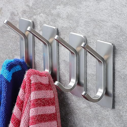 AMROAH 4pcs Stainless Steel Adhesive Hooks Wall Mounted Heavy Duty Storage Wall Mount Hooks for Hanging Coat Clothes Towels Hat Bags for Home Entryway Bathroom Bedroom Kitchen Living Room (Silver)
