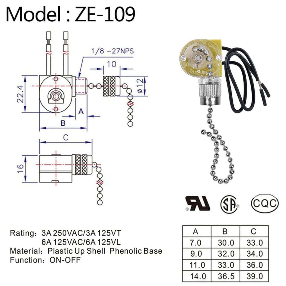 Interruttore Luce Ventilatore Soffitto ZE-109 2 Pezzi Cavi Trazione