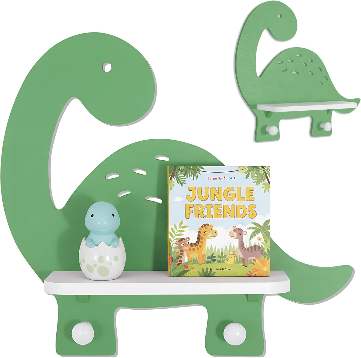 Dinosaur Wall Shelf for Kids – Dino Wall Decor for Boys & Girls Nursery, Toy Trinket Display with Hooks, 3 Playful Dinosaur Designs