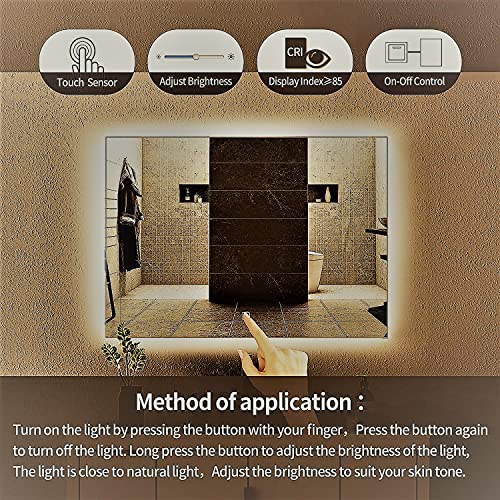 Image of LED Bathroom Mirror with Light, 3 Color Lights | Touch Sensor Anti-Fog Backlit Vanity Mirror, Wall Mounted Waterproof Mirror for Wash Basin & Makeup (76x106 cm)