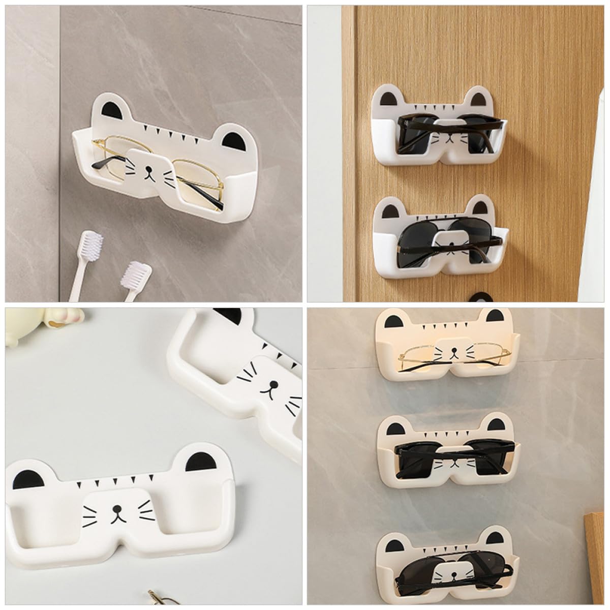 UKCOCO Wandmontierter Brillenhalter Katzenform aus Abs Platzsparender Bohrfreier Brillenaufbewahrungsorganizer Praktisches Sonnenbrillen Lesebrillen etui für Zuhause Weiß