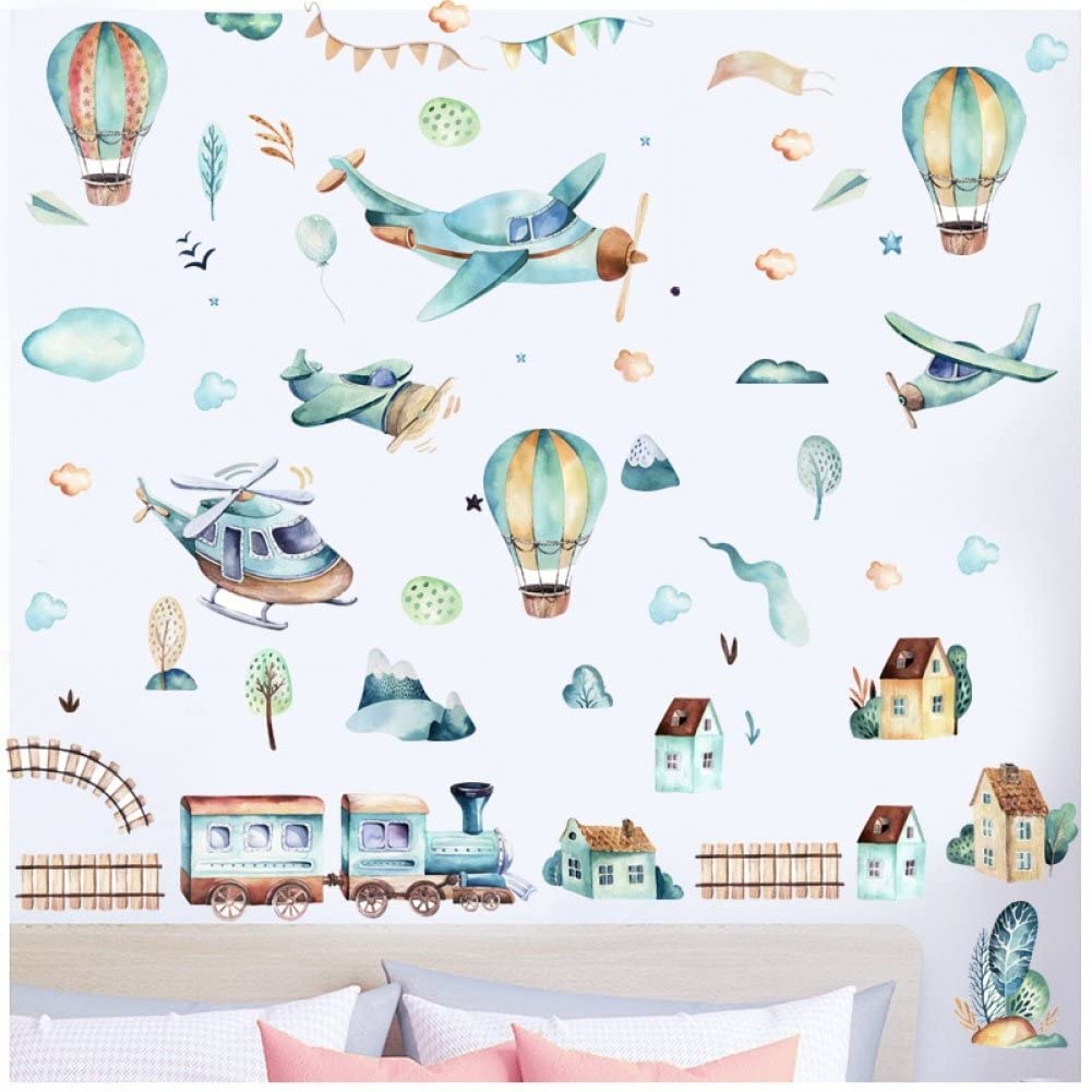 1set Hot Air Balloons Wall Decals Helicopters Airplanes Trains Wall Stickers for Baby Nursery Kids Bedroom Playroom Wall Decor