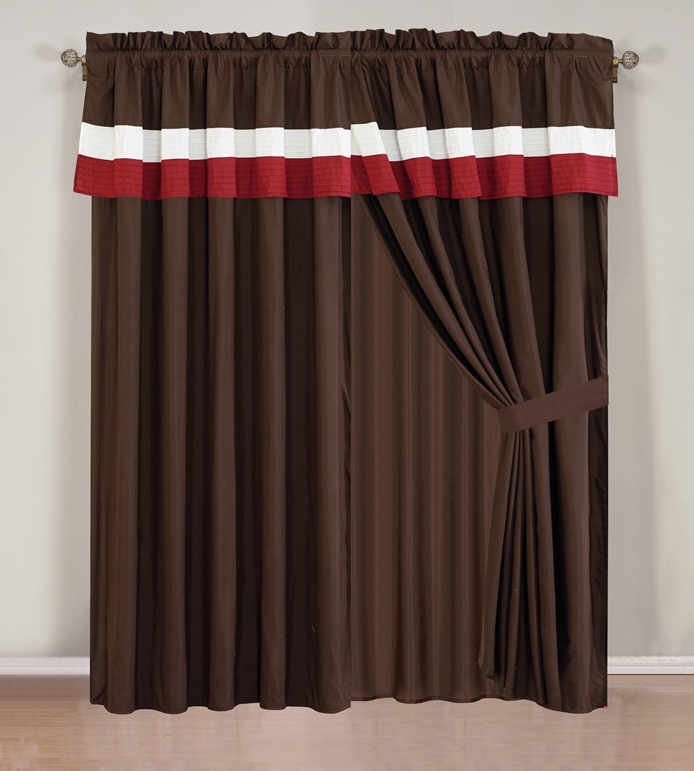 Grand Linen 4 Piece Burgundy/Brown/White Curtain Set with Attached Valance and Sheers