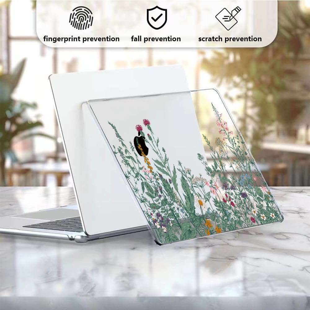 4 in 1 Custodia per Macbook Air M2 M3 M4 13,6 Pollici A2681 A3113 A3240, 2025 2024 2022 con Touch ID, Plastica Case Cover Rigida & Pellicola Tastiera & Proteggi Schermo, Piante da Fiore