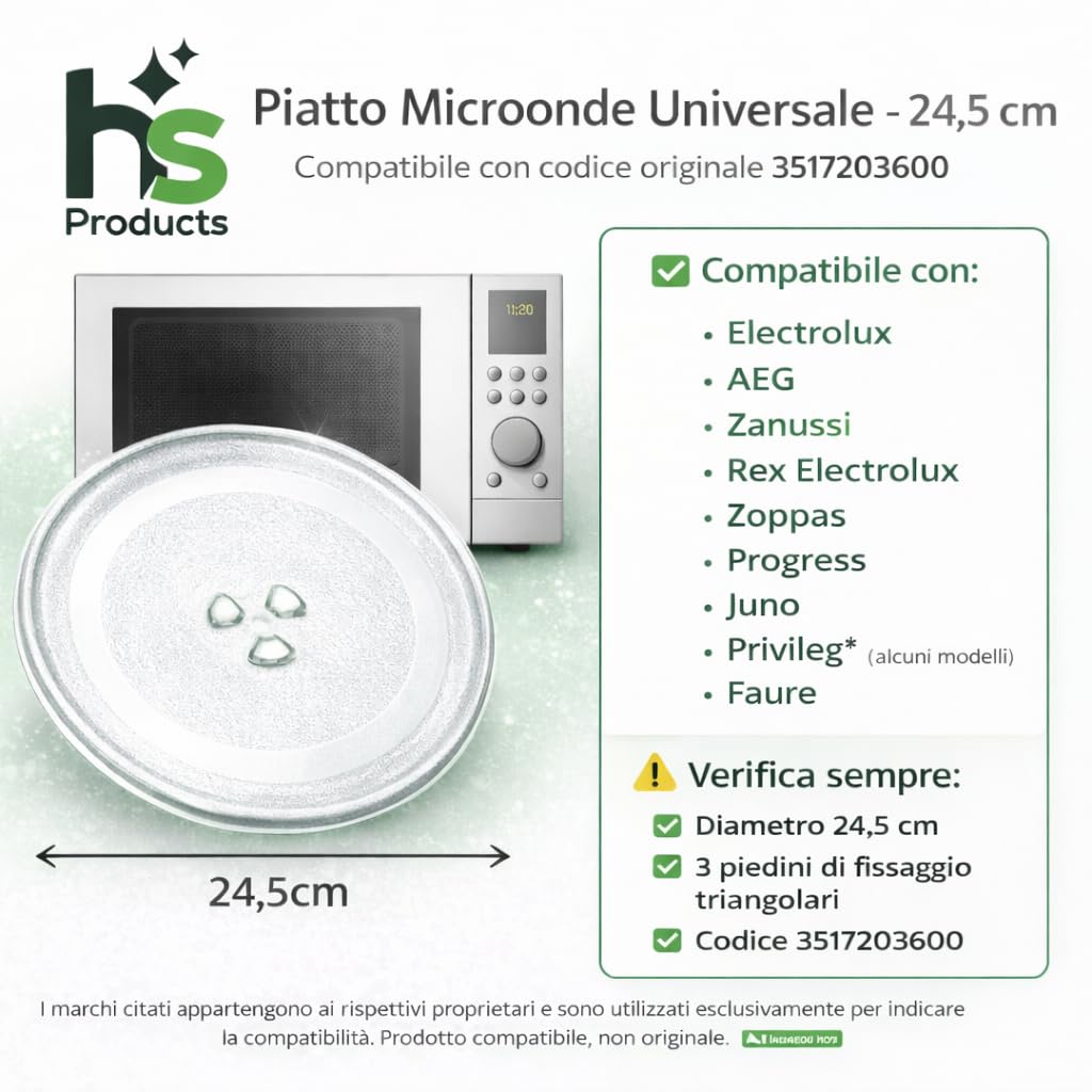 Piatto Microonde Universale 24,5 cm in Vetro Temperato – Ricambio Girevole con 3 Fissaggi Compatibile con Vari Modelli di Forni a Microonde - 2