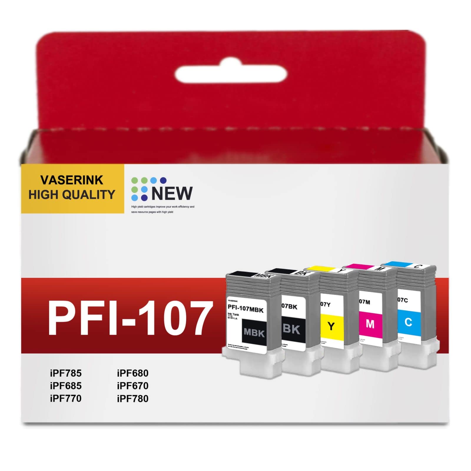 PFI-107 130ml Full Color Ink Tank Set(5-Pack,Matte Black, Black, Cyan, Magenta, Yellow) Lometic Compatible PFI-107MBK PFI-107BK PFI107C PFI107M PFI107Y Replacement for Canon iPF680 685 780 785 Printer