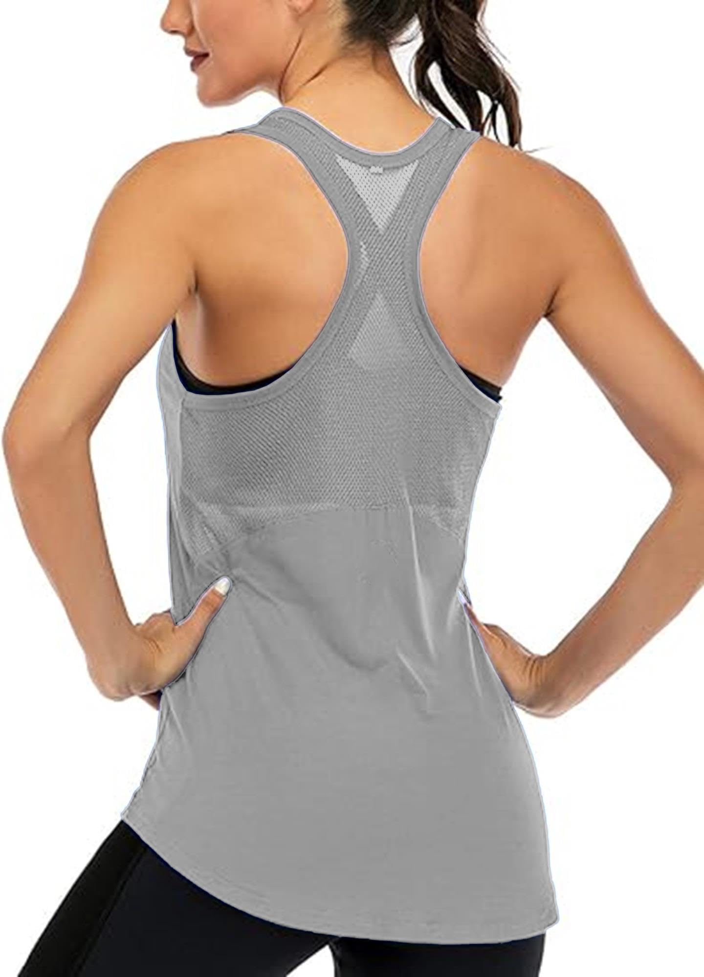 Ghassy Co. Kadın Racerback Sırt Açık Yarı Fileli Antrenman Yoga Koşu Spor Atlet Tank Tops 1780 AÇIK GRİ M