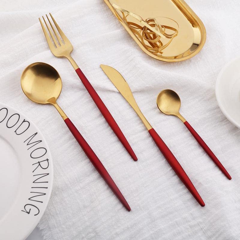 Image of aDai Premium Gold SUS304 Stainless Steel Cutlery Set - 10 Spoons, 5 Fork, 5 Steak Knife - Mirror Finish Dinnerware Flatware (Cherry Red - Set of 20)