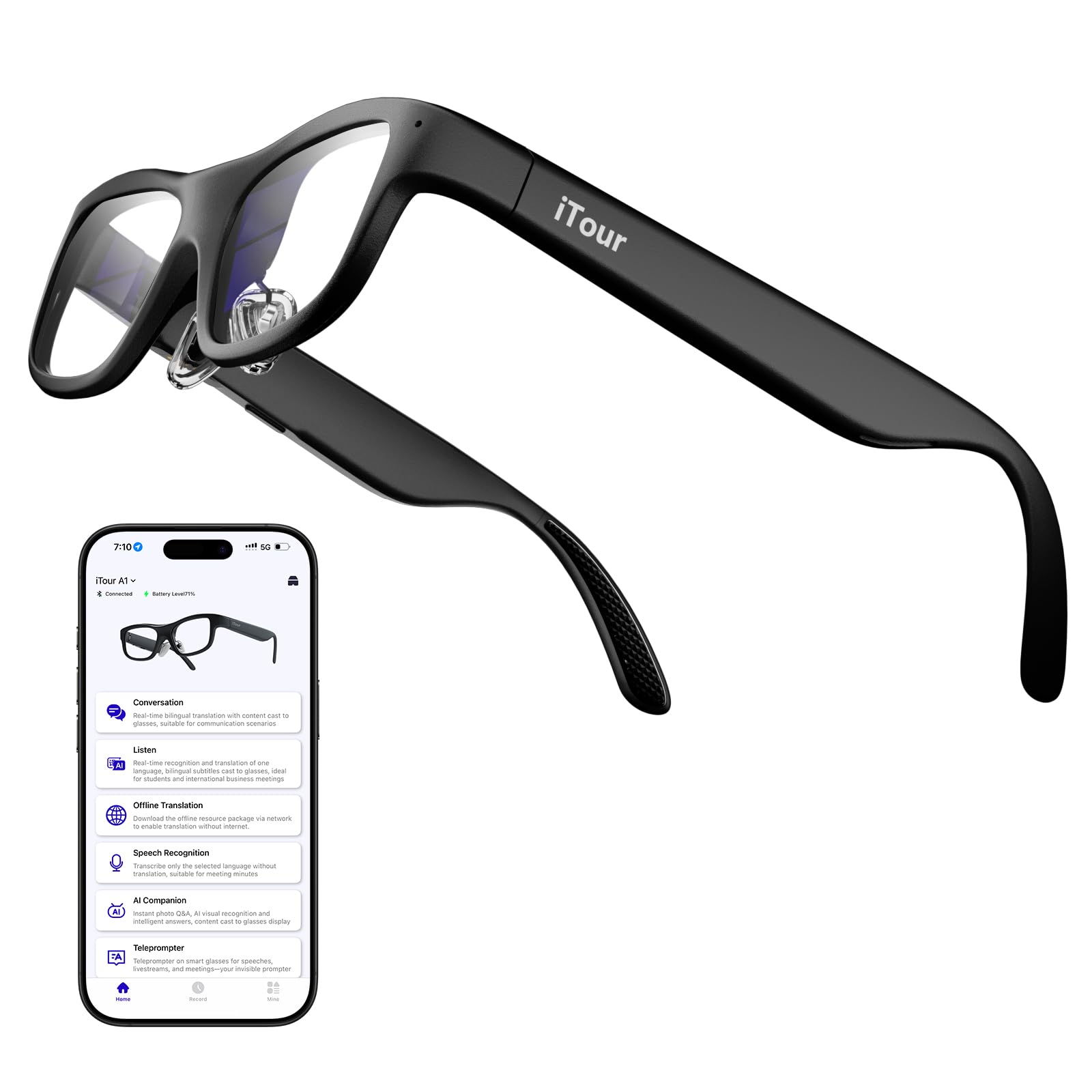 A1 Smart AR Glasses Two Way Real-Time Translator 110 Languages with iTourAR App Offline Translation Speech Recognition Teleprompter