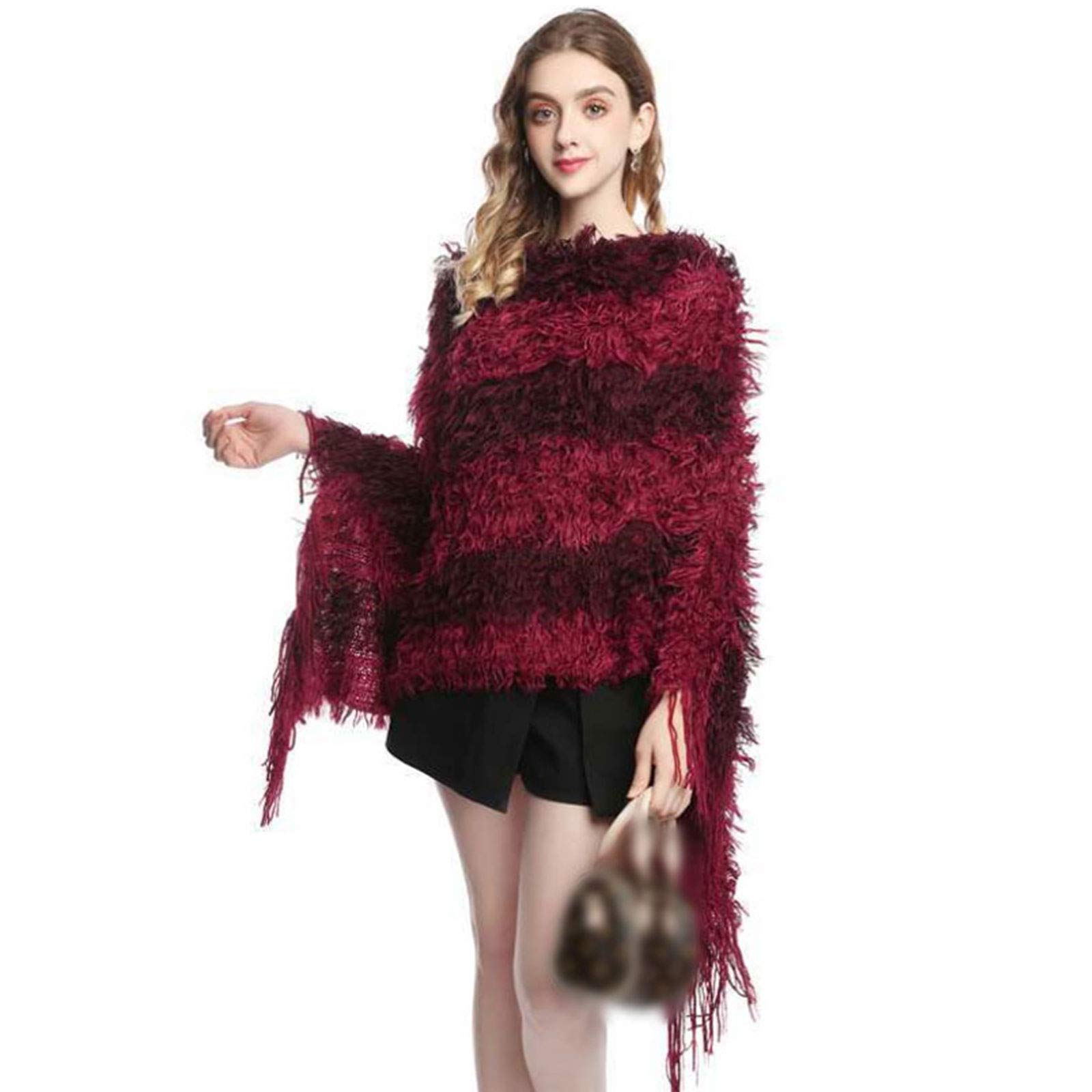 LA HUATE Women's Pullover Poncho Sweater Cashmere Scarf Wrap Cape V-Neck Knitted Shawl with Fringe, Maroon