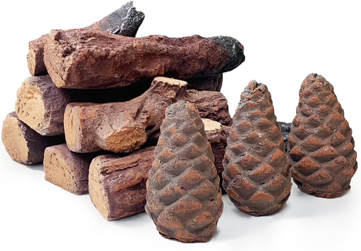 Heyfurni Ceramic Wood for Bioethanol Fireplace, 10 Pieces Smokeless Fire Logs, Gas Fireplace Logs, Decorative Ceramic Log Set for Indoor and Outdoor Use, Gas Inserts, Vented, Electric, Ethanol