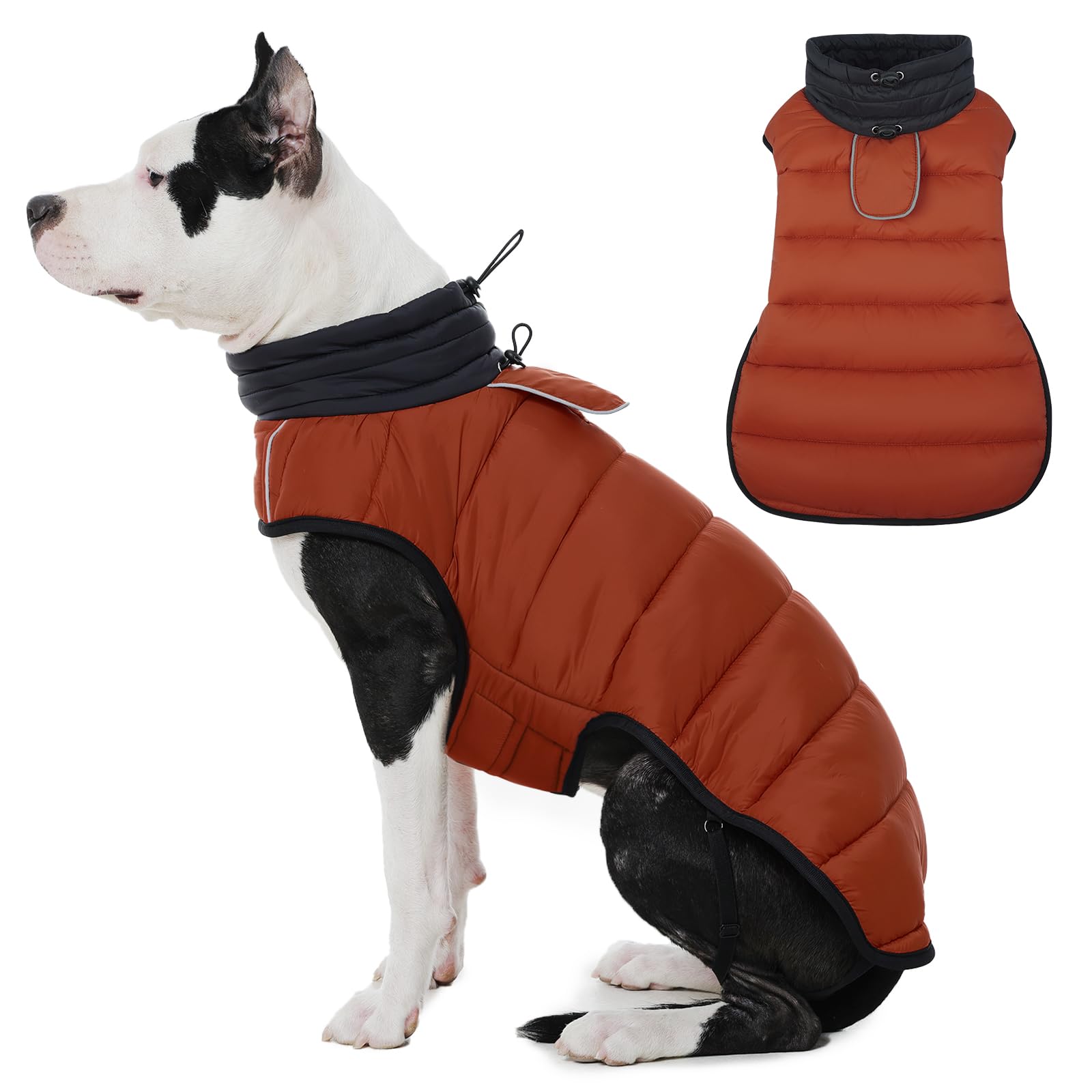 IDOMIK Dog Winter Coat, Warm Waterproof Dog Puffer Jacket with Harness Hole, Adjustable Reflective Snow Jacket Vest with Turtleneck, Pet Cold Weather Coats for Large Dogs,Caramel,L