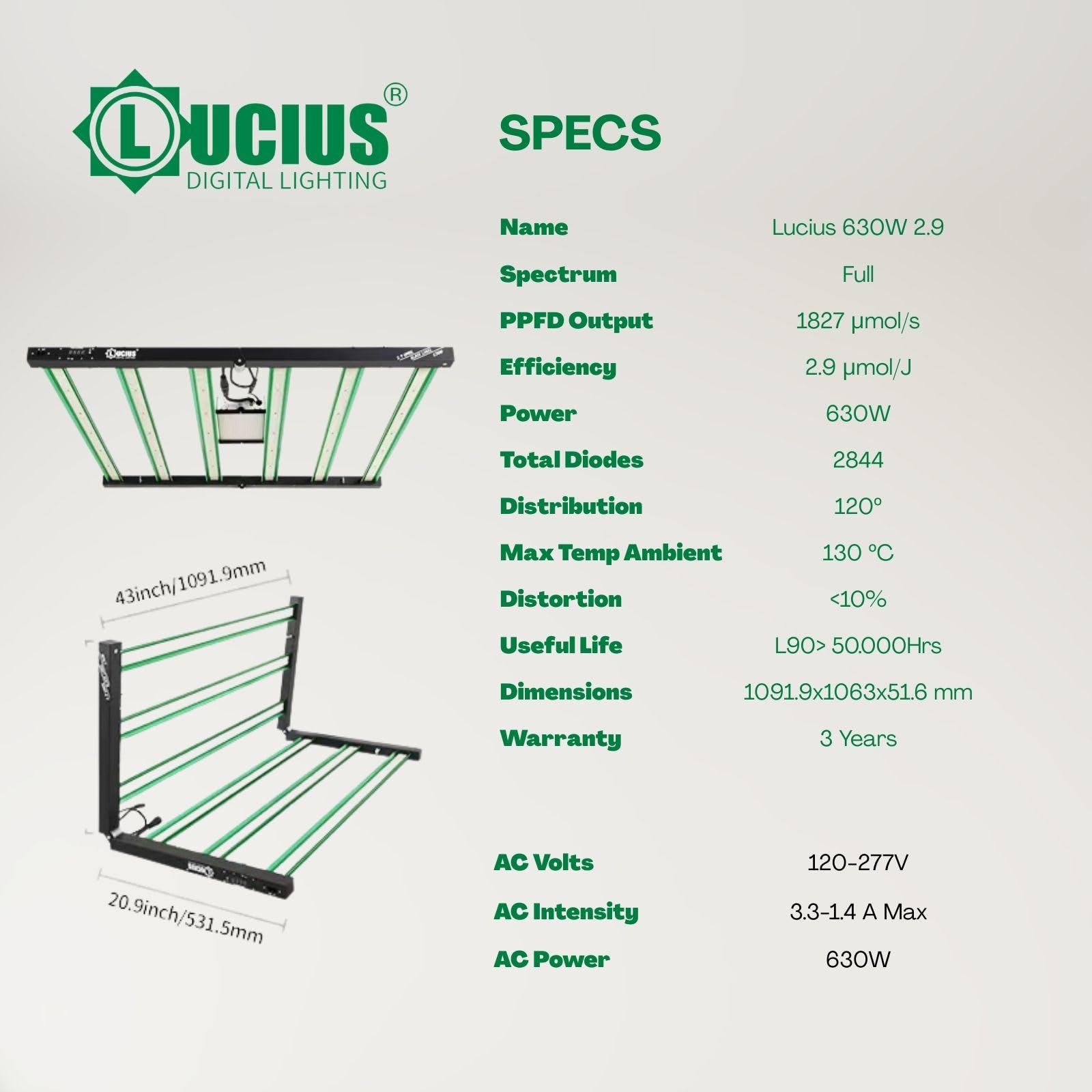 LUCIUS - Lámpara LED de 630W 2.9 Master Control - Cultivo espectro completo Crecimiento/Floración, UV IR, Función Anochecer/Amanecer, Regulable, Invernaderos y plantas interior, hortalizas y flores