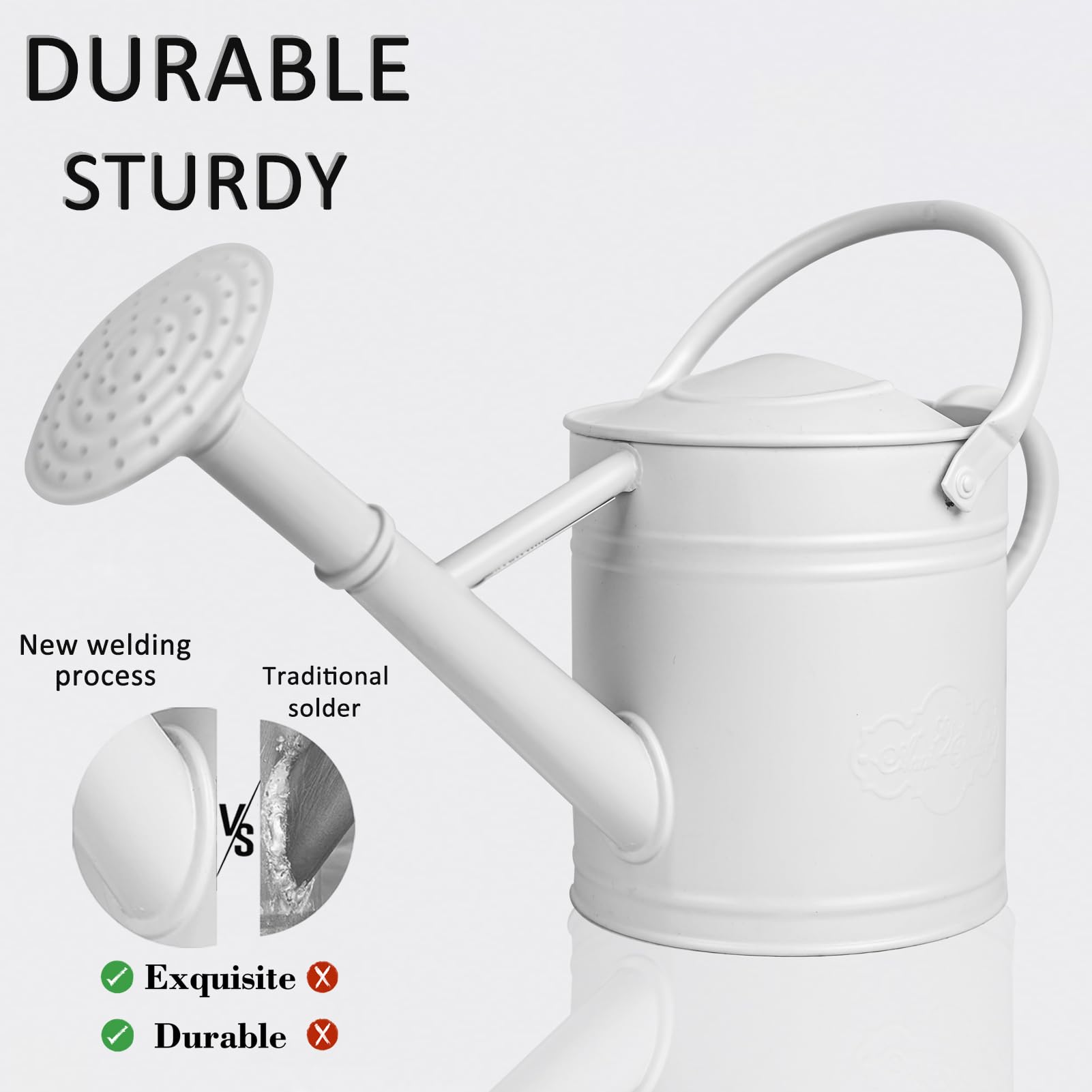 Gießkanne aus Metall für Innen- und Außenbereich, abnehmbare Bewässerungsrose und Ausgießer, Doppelgriff, Gartenwasserkanne für Terrasse, Gewächshaus und Zimmerpflanzen, 3,8 l, Weiß