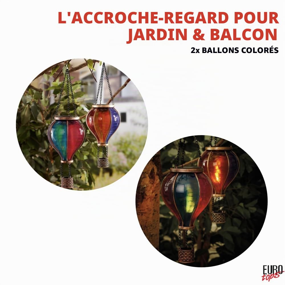 EUROtops Montgolfière solaire - Couleurs vives, 12 / 20 / 40 LED vacillantes, plastique résistant aux intempéries, décoration extérieure / éclairage LED à suspendre pour jardin et balcon (Duo (lot de