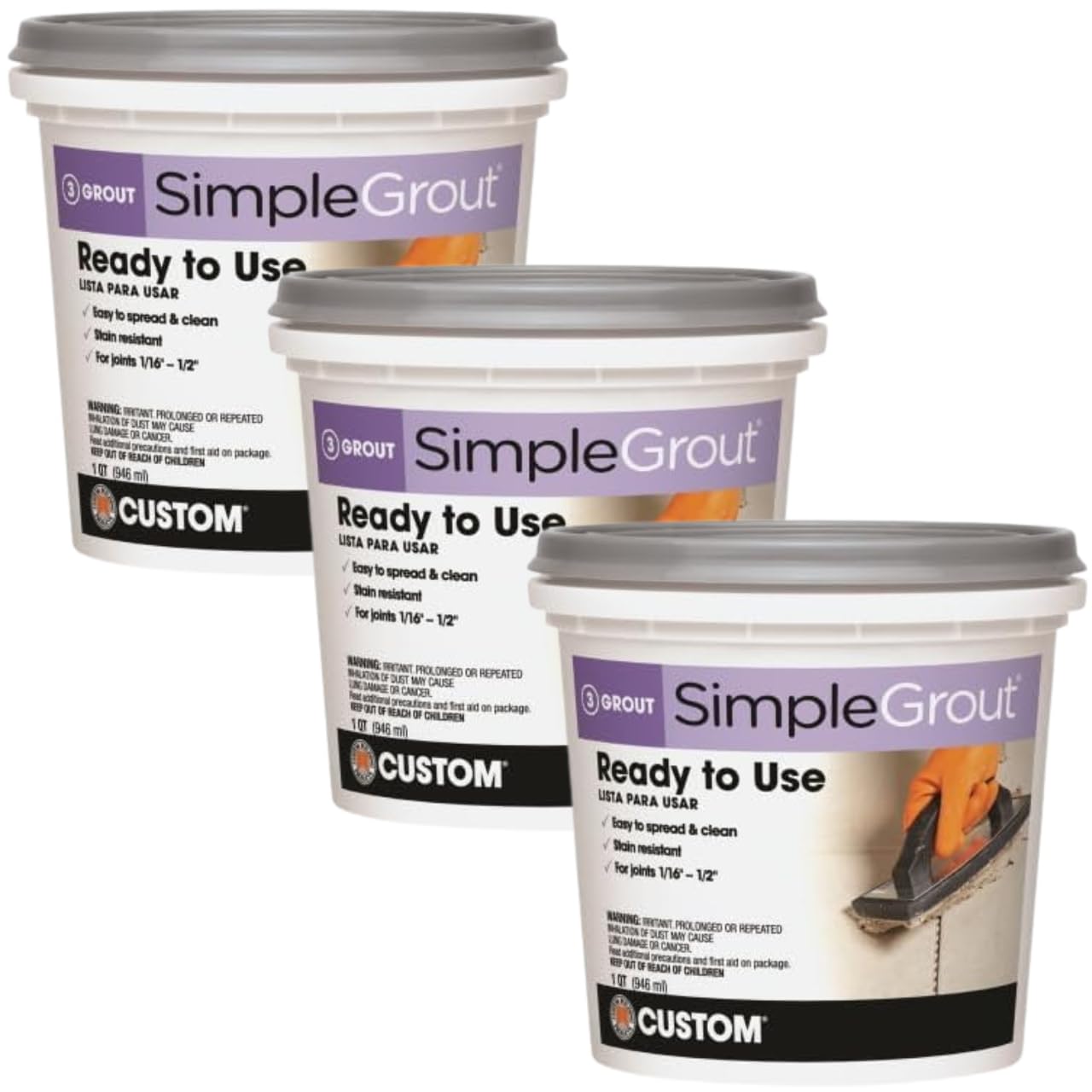 Custom Building Products SimpleGrout Indoor Natural Gray Grout 1 qt (Pack of 3) – Premixed Tile Joint Compound – Sanded Formula Alternative – Shower Tile Repair and White Joint Touch-Up