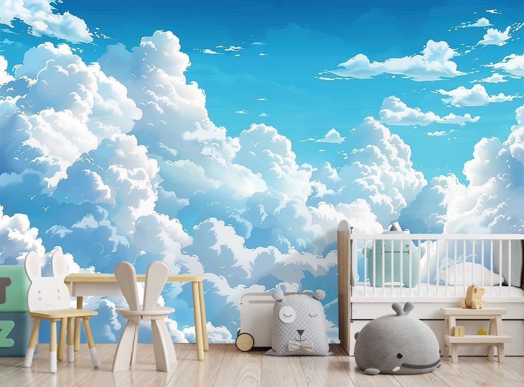 Nursery Blue Sky and White Clouds Wallpaper Kids for Bedroom wall murals - 91"x65"（Not Peel and Stick）