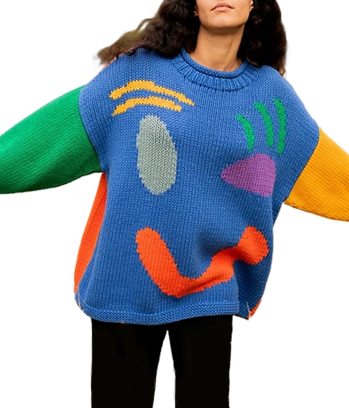 Happy Sunday Feel Good Knit Jumpers, Women’s Colorful Loose Crew Neck Pullover Sweater, Casual Comfy Jumper Tops for Couple (Blue,M)