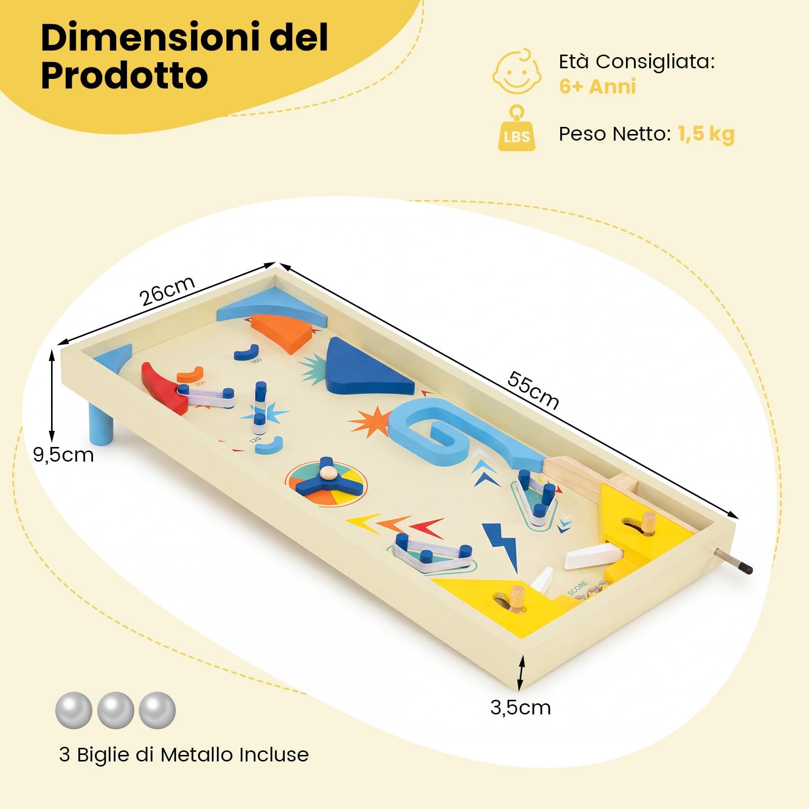 COSTWAY Flipper in Legno, Gioco da Tavolo Educativo con Pista Rotante per Punteggi e 3 Palline, Giocattolo Flipper Interattivo in Marmo per Ufficio Festa, per Bambini 6+ e Adulti