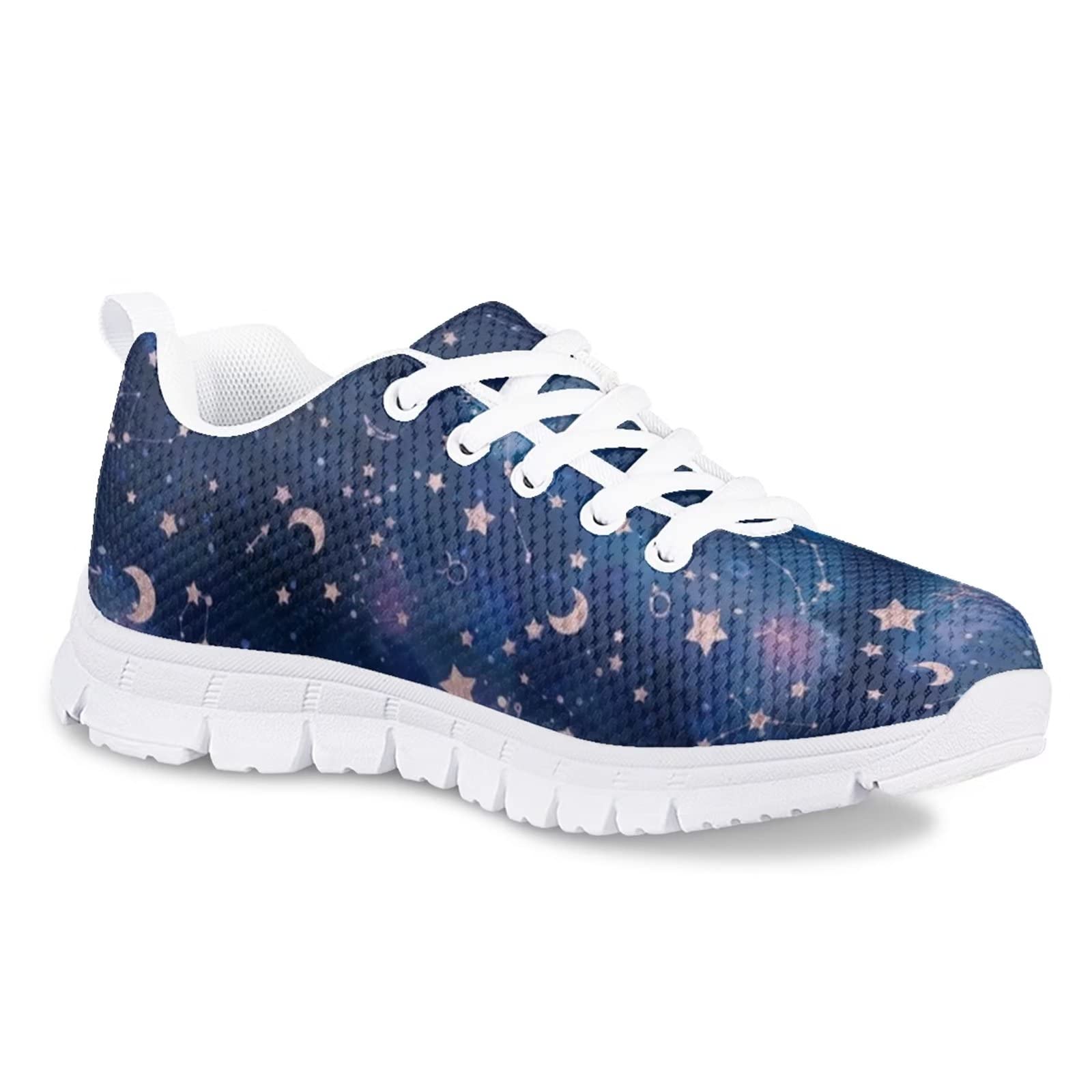 Zapatillas de deporte para niñas Comfort Mesh Transpirable con cordones Zapatos de suela blanca, Constelación de plantas de luna y galaxia, 31 EU