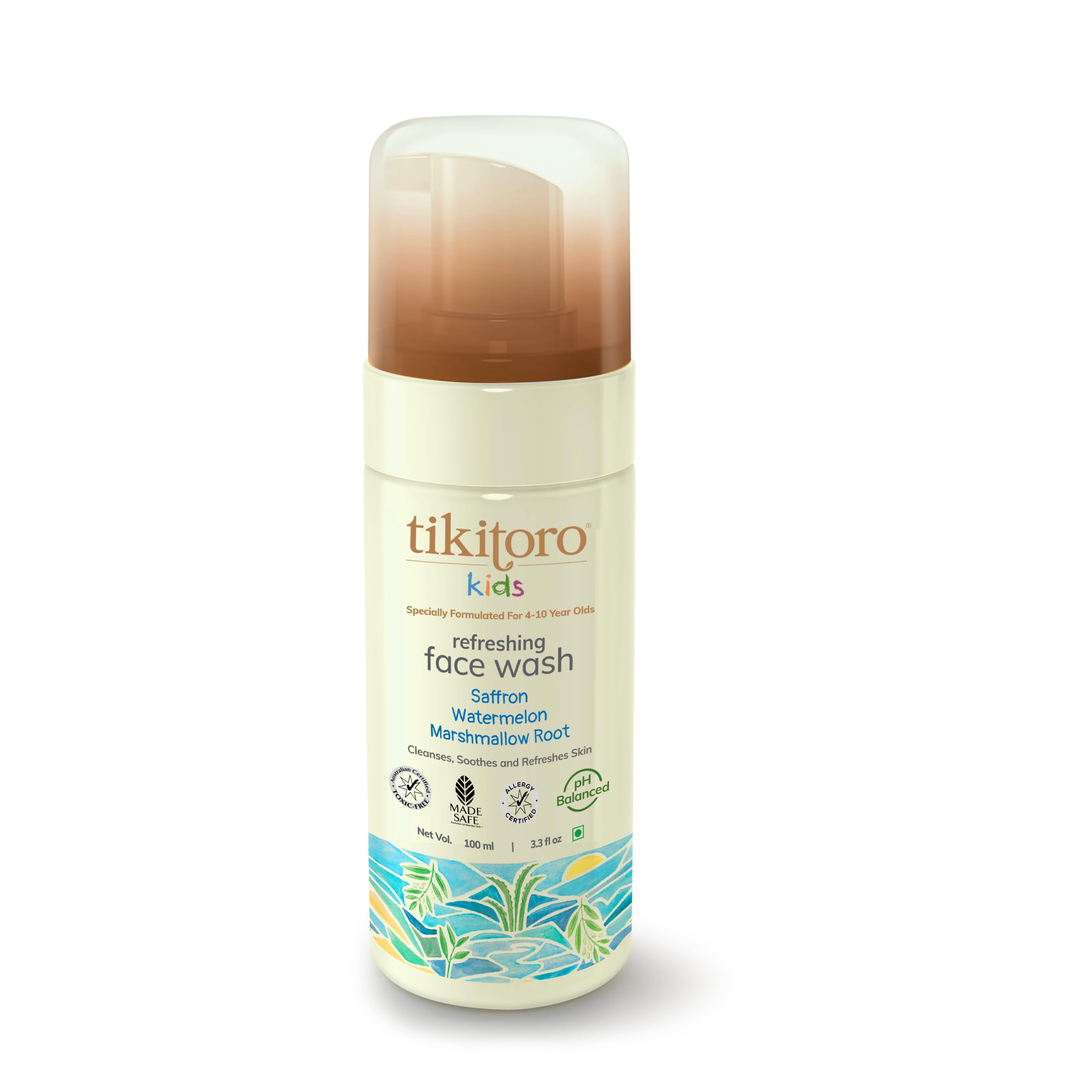 YMPIGOY Tikitoro Refreshing face wash for kids, 100% Vegan with Saffron, Watermelon and Marshmallow Root. Cleanses, Purifies & Moisturises Skin. No Parabens & Sulphates (100 ml)