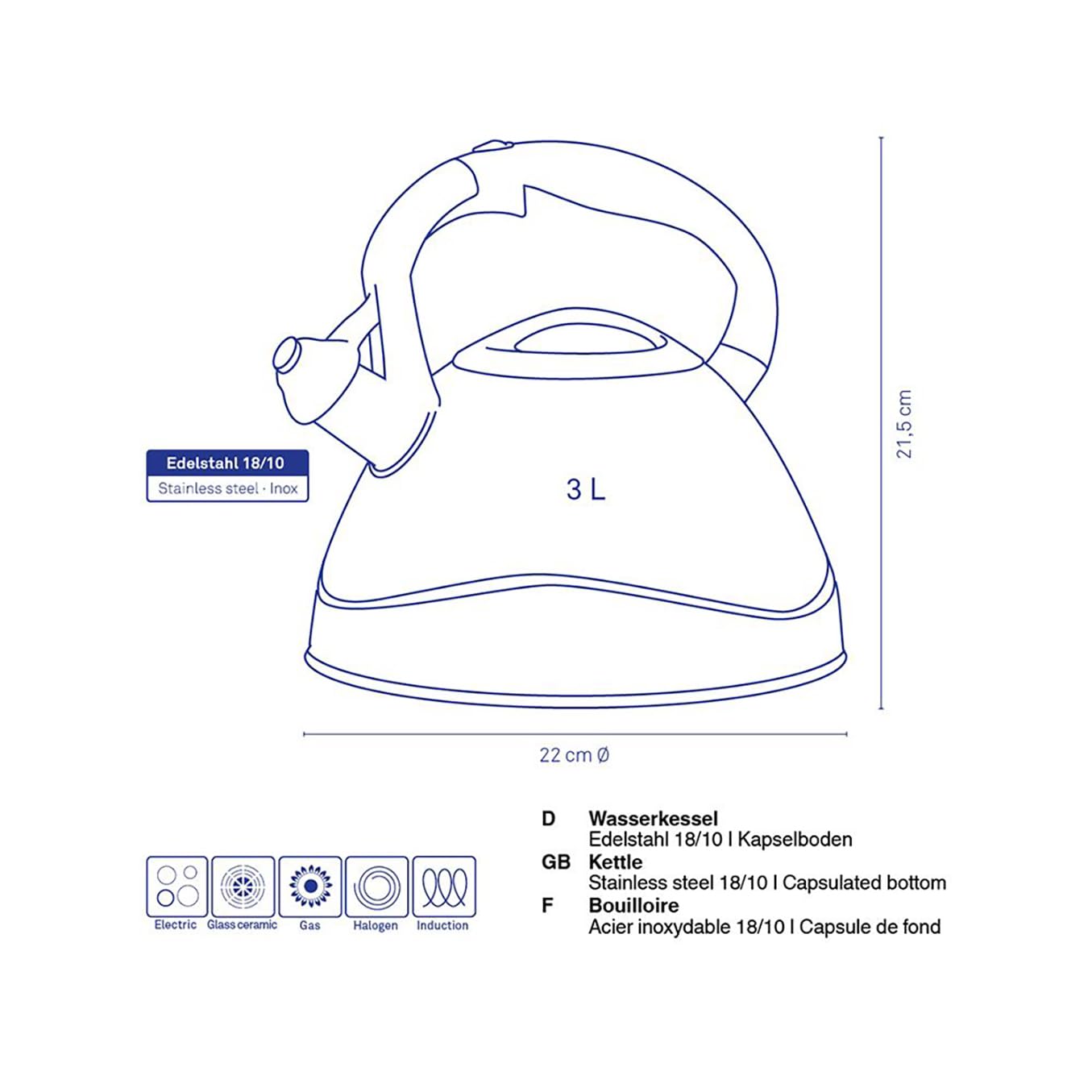Kela 11656 Wasserkessel mit Pfeifton, Induktionsgeeignet, 3 L, Edelstahl, Varus, Schwarz