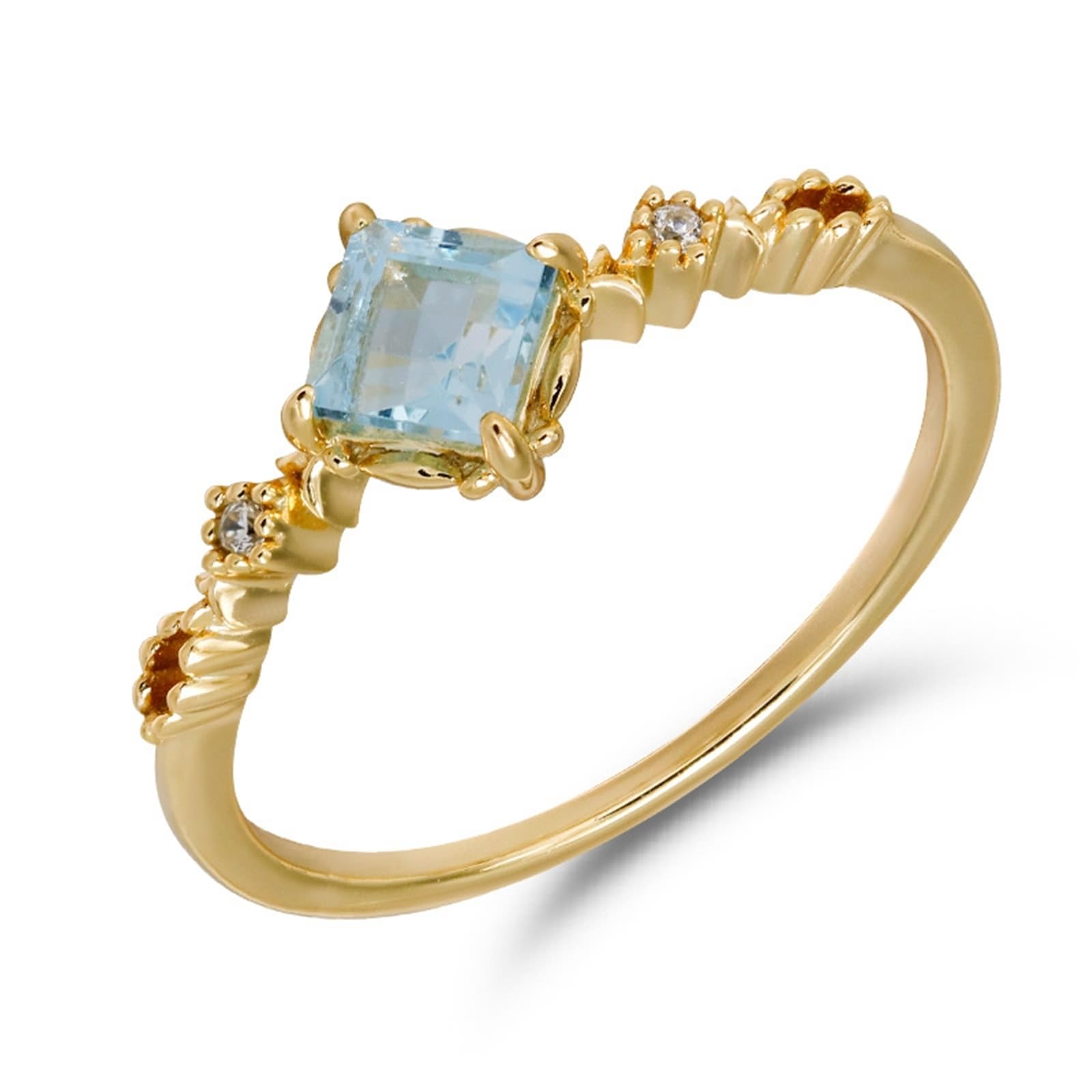 Anillo de boda de oro amarillo de 9 K/14 K/18 K con topacio azul claro cuadrado en 4 garras