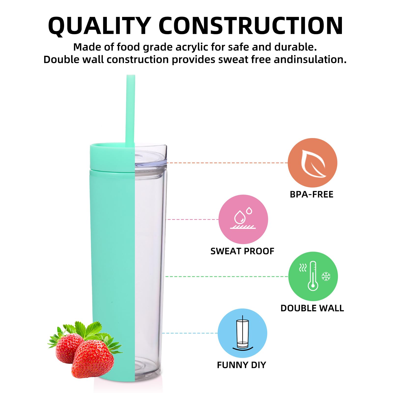 Volhoply Vaso delgado de plástico de 473 ml con tapa y popote, paquete de 10 unidades, vasos aislados de acrílico mate de doble pared sin BPA, taza reutilizable para café helado, regalos