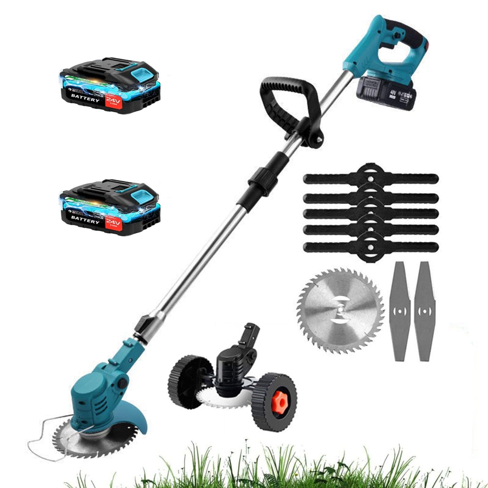 Desbrozadora inalámbrica de 24 V con batería de carga rápida para jardín, plegable, máquina cortadora de césped ligera para jardín, césped, limpieza de malas hierbas, árboles de flores (2 baterías, UE
