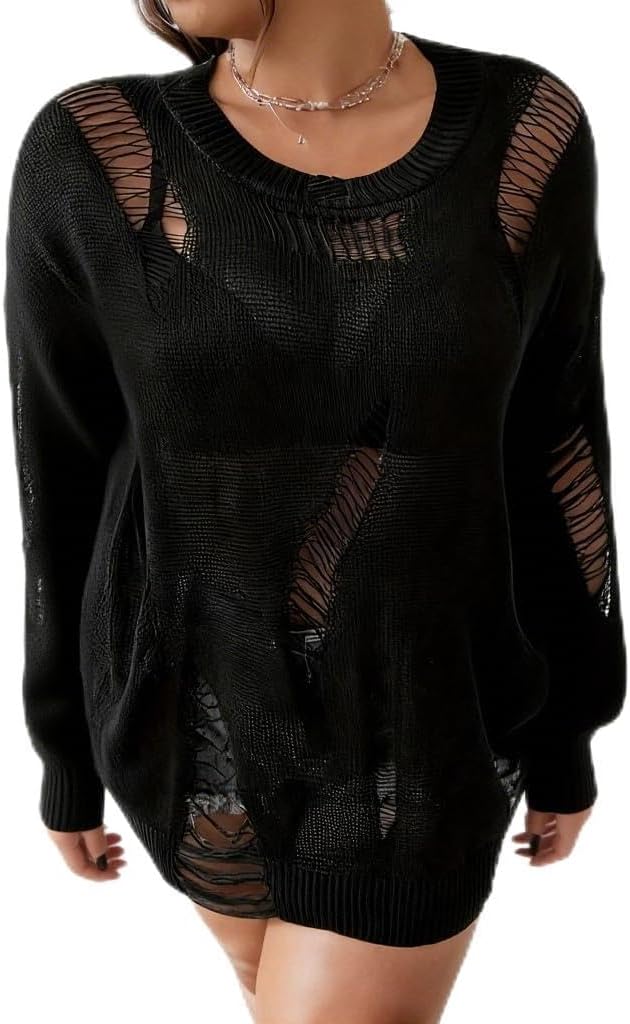 Ripped Drop Shoulder Sweater Round-Neck Pullover Jumper Women's Gothic Distressed Sweater