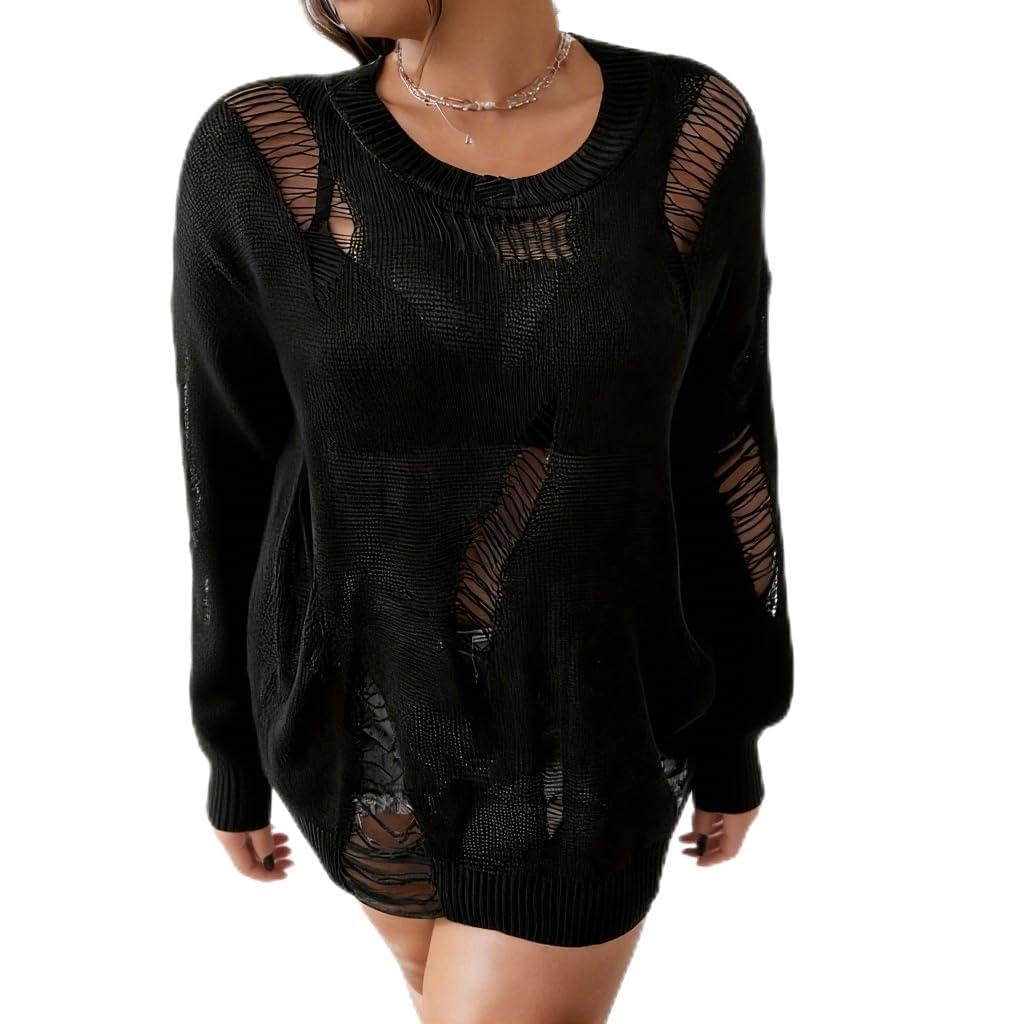 Ripped Drop Shoulder Sweater Round-Neck Pullover Jumper Womens Gothic Distressed Sweater