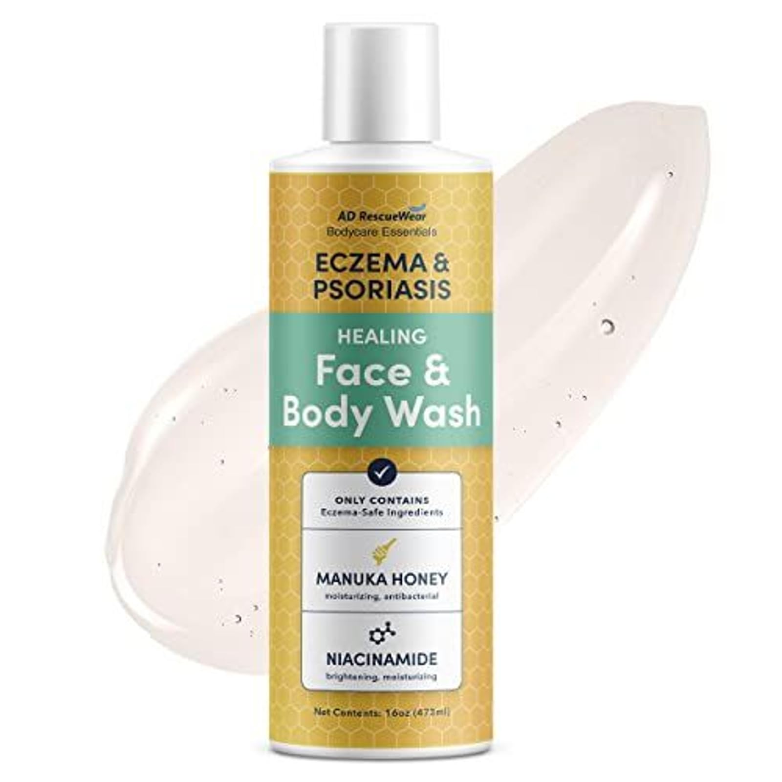 AD RescueWear Healing Face Body Wash - 16 Fl Oz Aloe Vera - Eczema Psoriasis Body Wash -