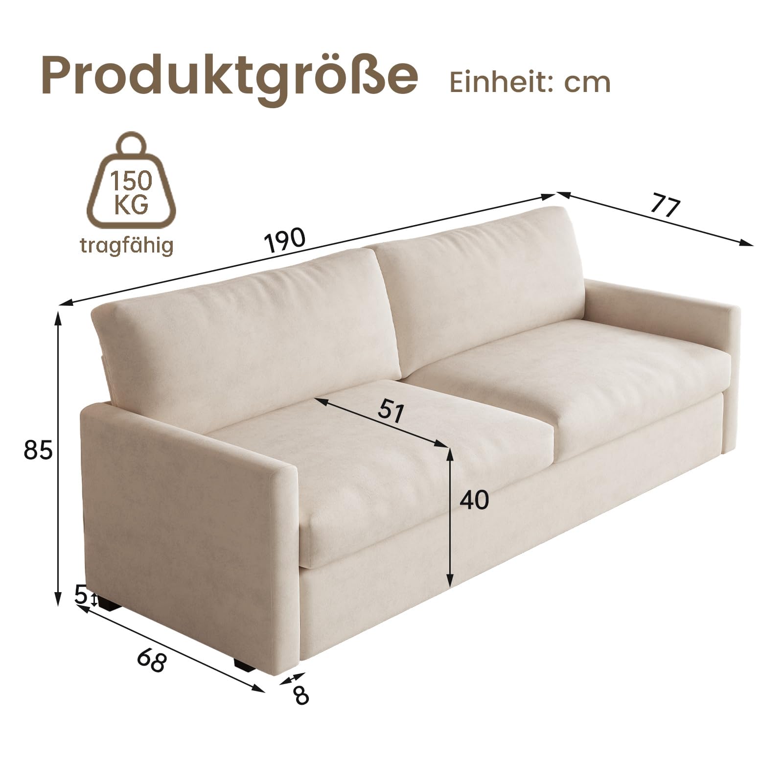 Guyii Stoffsofa 3-Sitzer Sofa 190 cm, modernes 3 Sitzer Sofa aus Stoff, bequemes Sofa für Wohnzimmer, Zeitloses Design, gepolstert, stabile Konstruktion, Sofas (Cremeweiß)