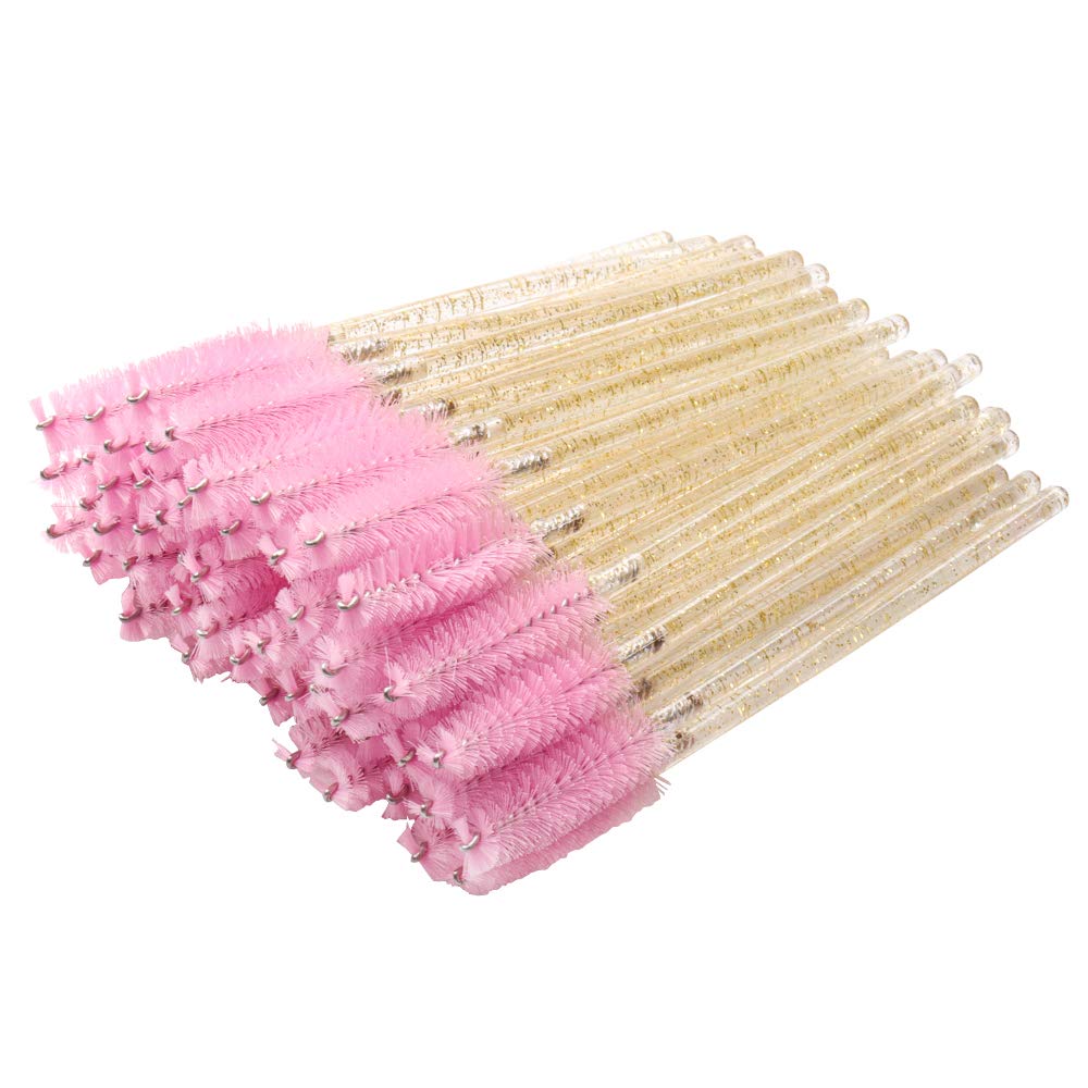 MyAoKuE-UP 300 Pack Disposable Mascara Wands Crystal Gold Handle Brush Eye Lash Wand Eyelash Extension Tool Bulk Makeup Applicator, Pink