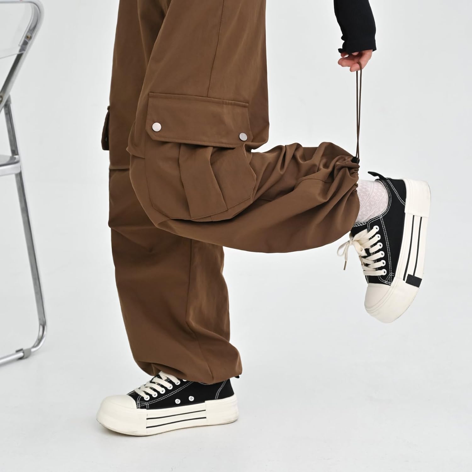 Parachute Pants for Girls Elastic Waist Wide Leg Cargo Pants with Pockets Drawstring Tapered Jogger Trousers - Image 2